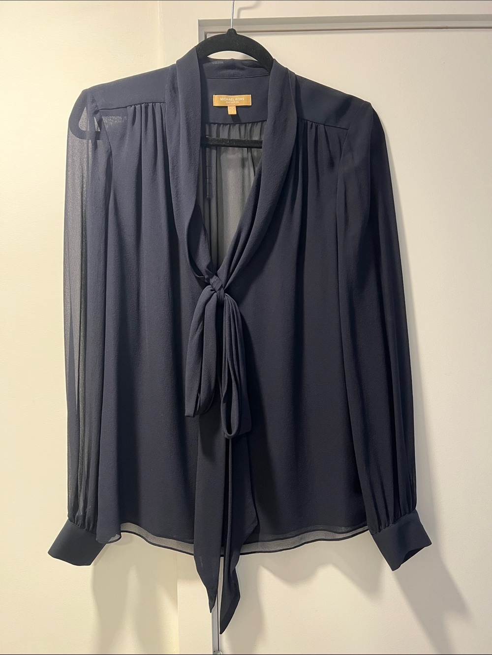 Michael Kors Collection Navy Tie-Neck Chiffon Blouse